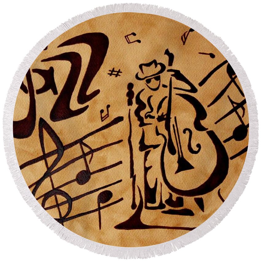 Jazz Music Painting With Coffee Abstract Round Beach Towel featuring the painting Abstract Jazz Music coffee painting by Georgeta Blanaru