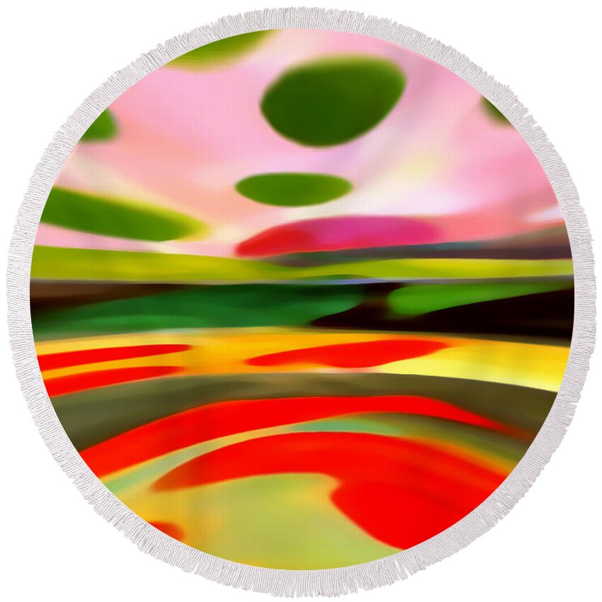 Abstract Round Beach Towel featuring the painting Abstract Landscape of Happiness by Amy Vangsgard