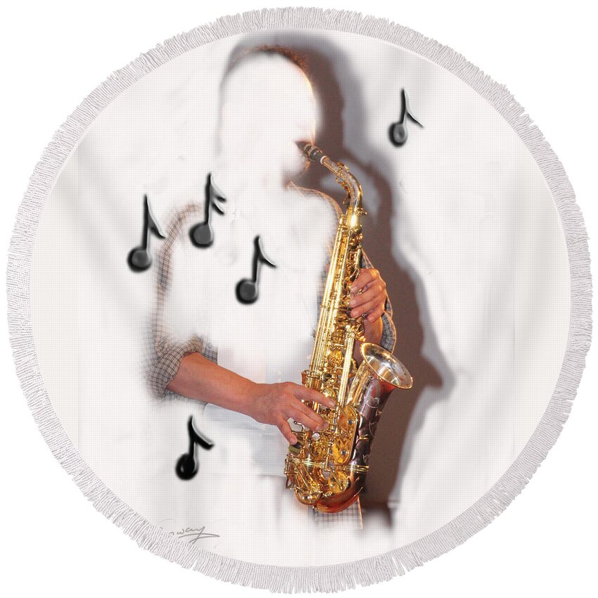 Saxophone Round Beach Towel featuring the photograph Abstract saxophone player by Tom Conway