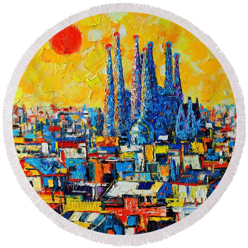 Barcelona Round Beach Towel featuring the painting Abstract Sunset Over Sagrada Familia In Barcelona by Ana Maria Edulescu