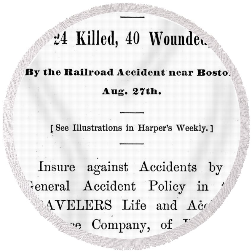 1871 Round Beach Towel featuring the painting Accident Insurance, 1871 by Granger