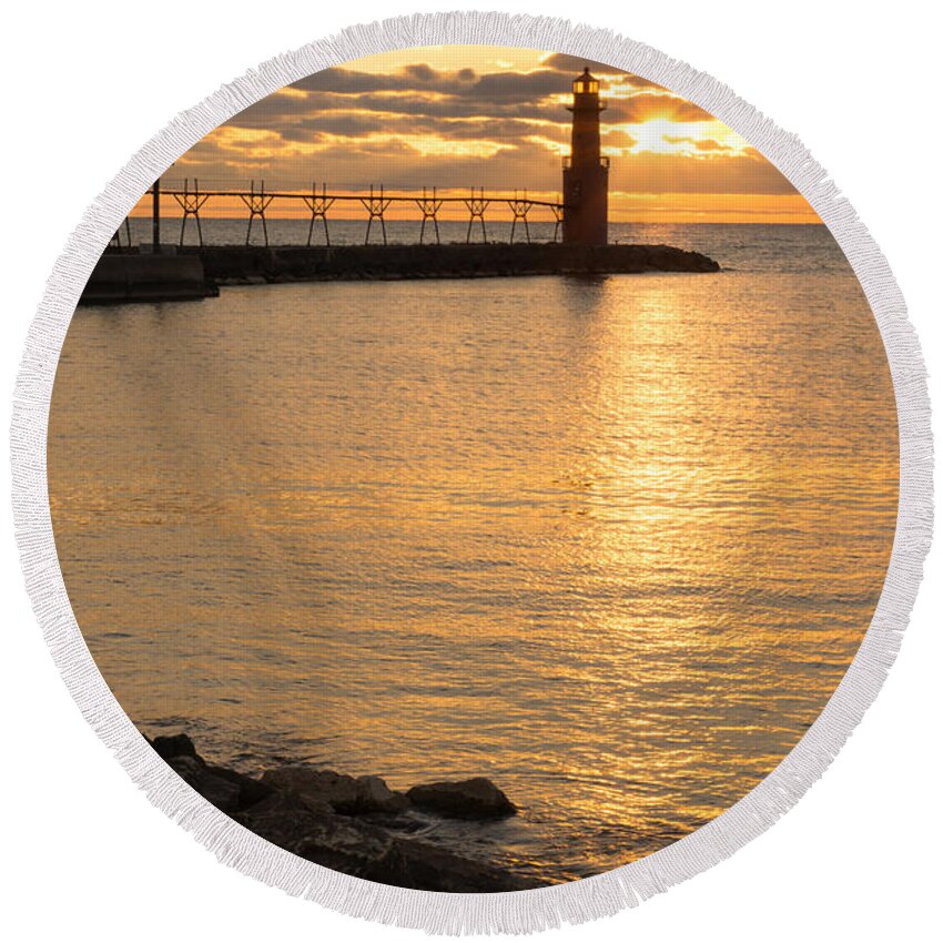Lighthouse Round Beach Towel featuring the photograph Across the Harbor by Bill Pevlor