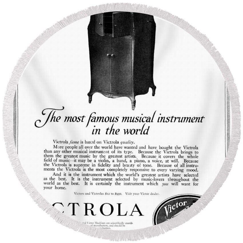 1919 Round Beach Towel featuring the drawing Ad Victrola, 1919 by Granger