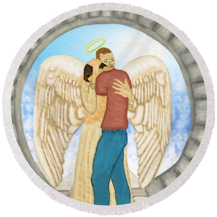 Religious Round Beach Towel featuring the painting Adam at the Gates of Heaven by Christina Wedberg