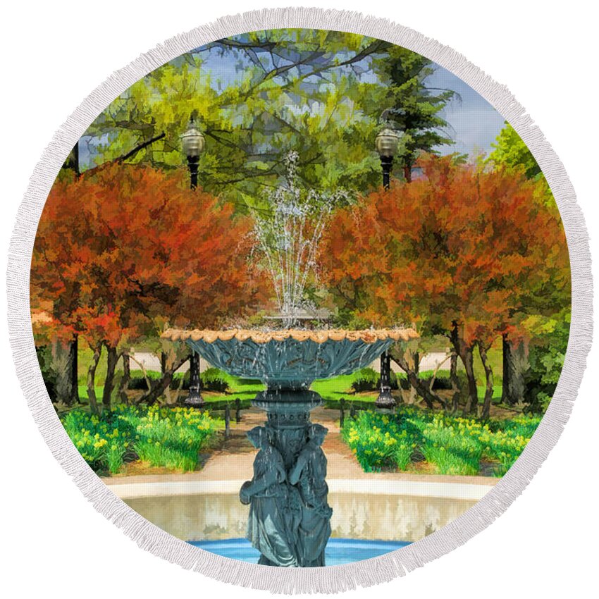 Wheaton Round Beach Towel featuring the painting Adams Park Fountain by Christopher Arndt