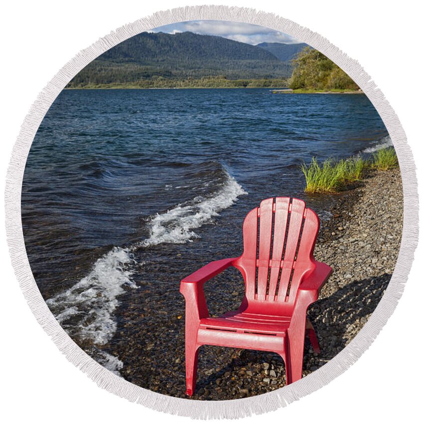Adirondack Chair Round Beach Towel featuring the photograph Adirondack Chair by Lake by Bryan Mullennix