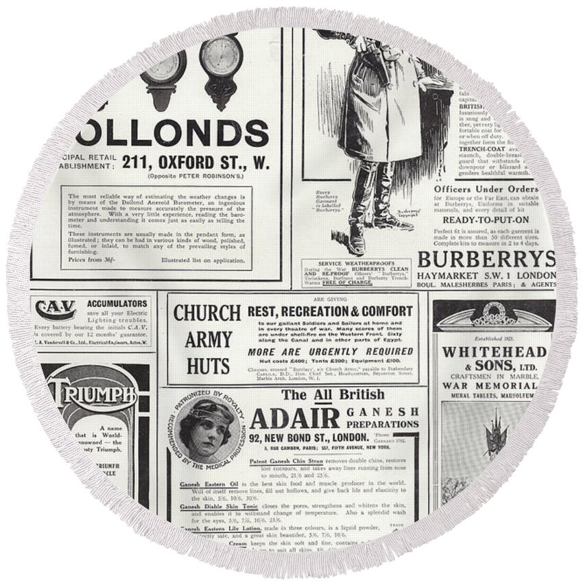Dollonds; Barometers; Burberry; Coats; Triumph; Motorcycles; Cawarra Australian; Wine; Church Army Huts; Whitehead; Sons; War; Memorials; Adair Ganesh; Preparations; Mothersill's Seasick Remedy; Advertising; Advertisements; Century; Advertising; Spread; The Sphere Round Beach Towel featuring the painting Advertising spread from The Sphere by English School
