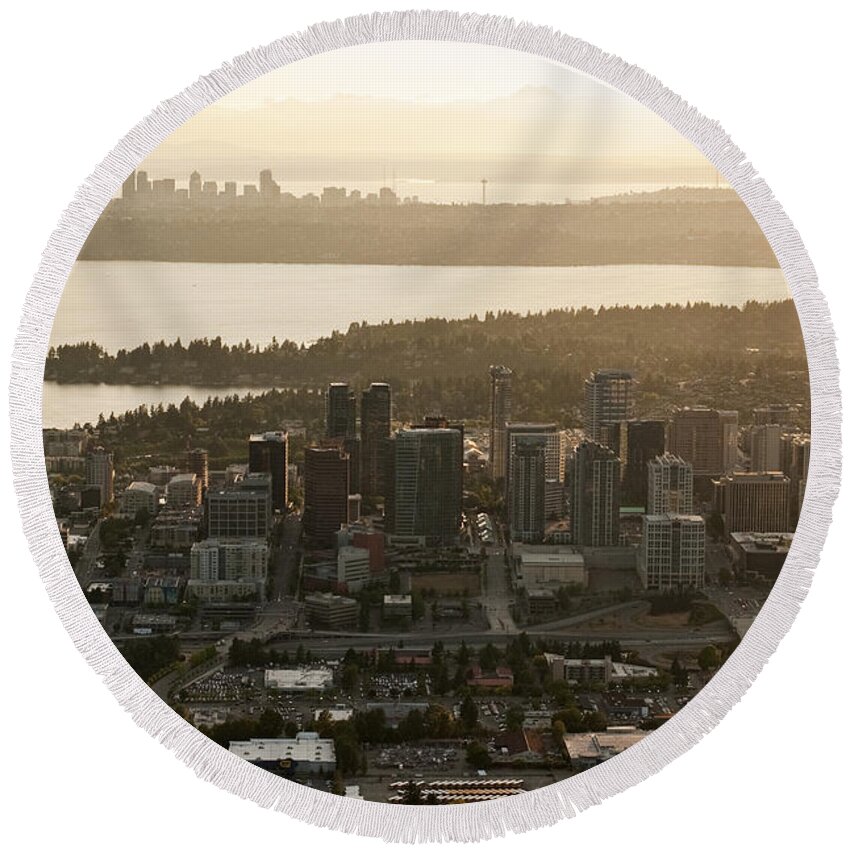 Bellevue Skyline Round Beach Towel featuring the photograph Aerial view of Bellevue skyline by Jim Corwin