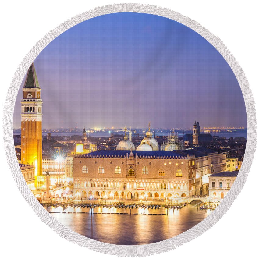 Venice Round Beach Towel featuring the photograph Aerial view of Venice illuminated at night - Italy by Matteo Colombo