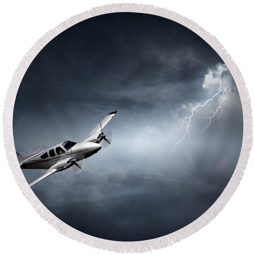 Aeroplane Round Beach Towel featuring the photograph Risk - Aeroplane in thunderstorm by Johan Swanepoel