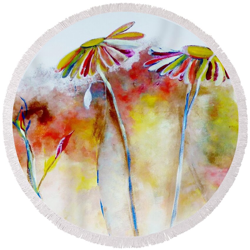 Colorful Round Beach Towel featuring the painting African Daisy Abstract by Lisa Kaiser