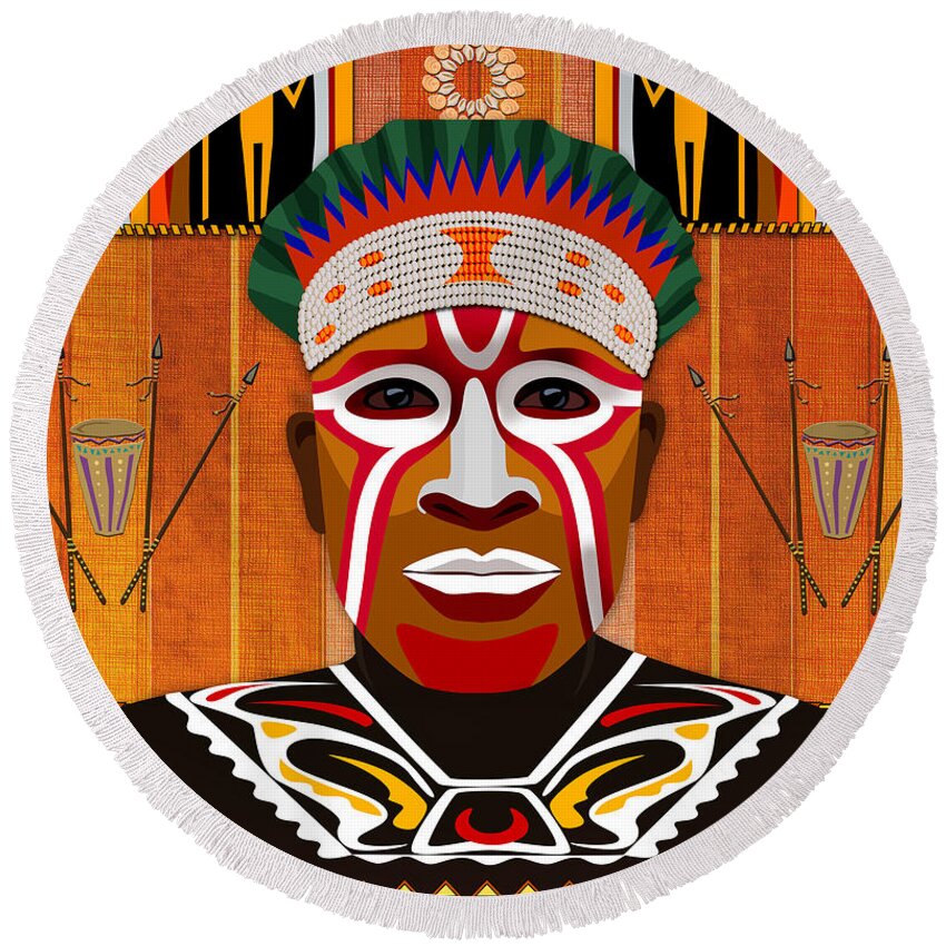 African Round Beach Towel featuring the digital art African Tribesman 3 by Peter Awax