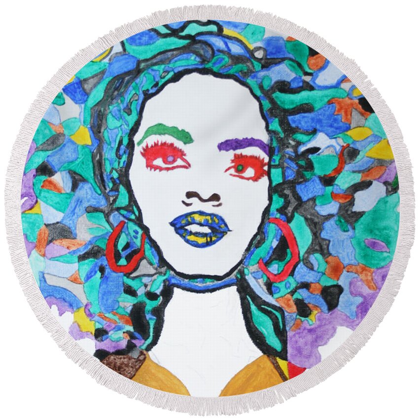 Afro Lauryn Hill Round Beach Towel featuring the painting Afro Lauryn Hill by Stormm Bradshaw