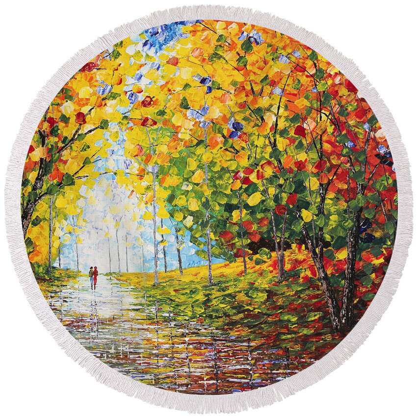 Autumn Colors Round Beach Towel featuring the painting After Rain Autumn Reflections acrylic palette knife painting by Georgeta Blanaru
