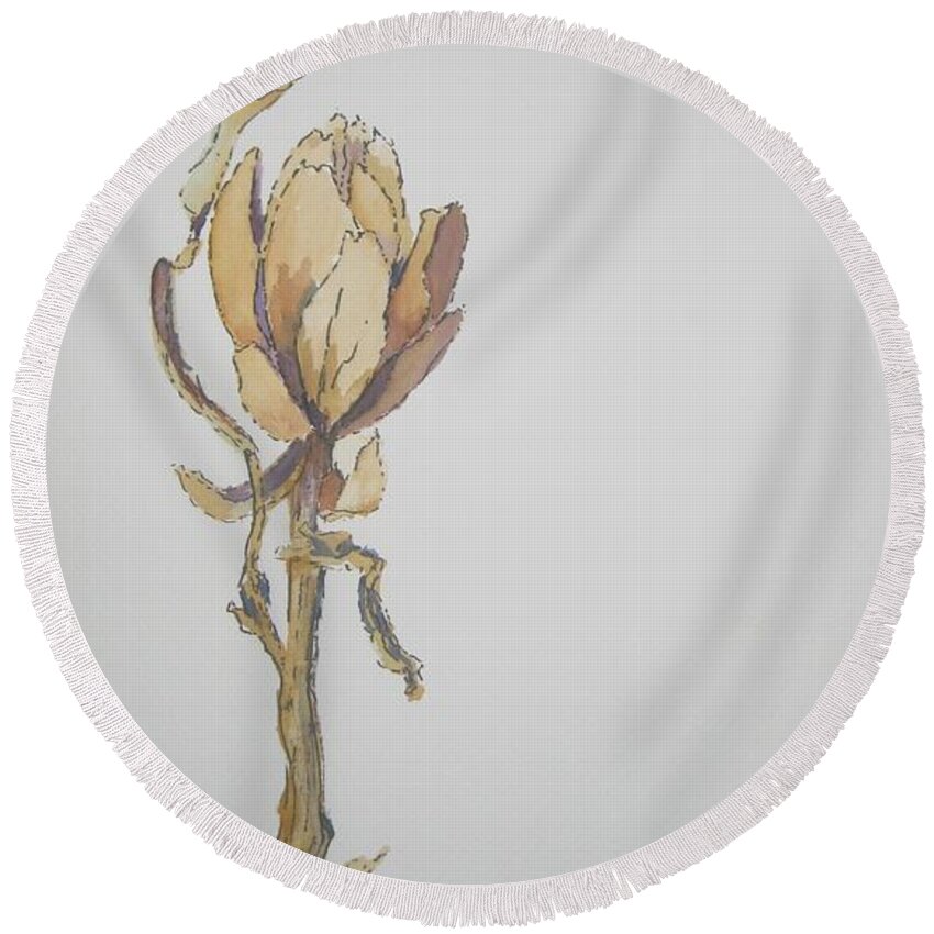 Pen And Ink Round Beach Towel featuring the painting Felled by the Frost by Maria Hunt