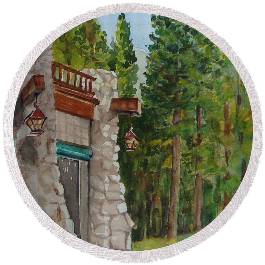 Hotel Round Beach Towel featuring the painting Ahwahnee Woods by Karen Coggeshall
