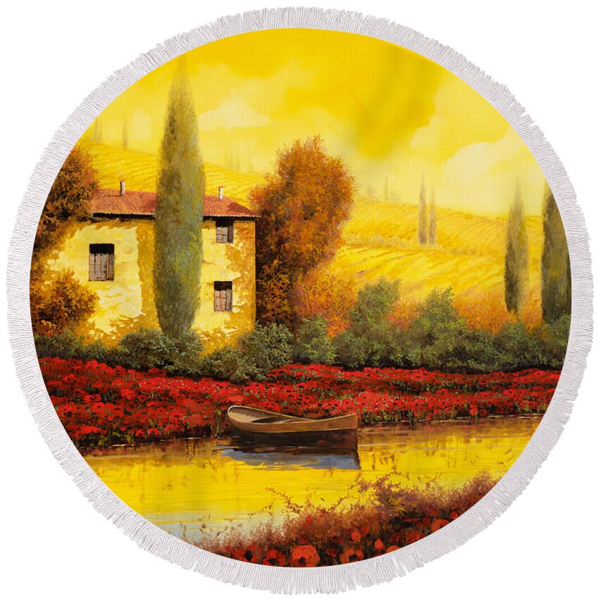 Guido Round Beach Towel featuring the painting Il Fiume Giallo Al Tramonto by Guido Borelli