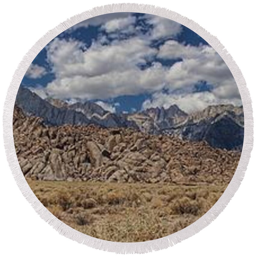 Panorama Round Beach Towel featuring the photograph Alabama Hills and Eastern Sierra Nevada Mountains by Peggy Hughes