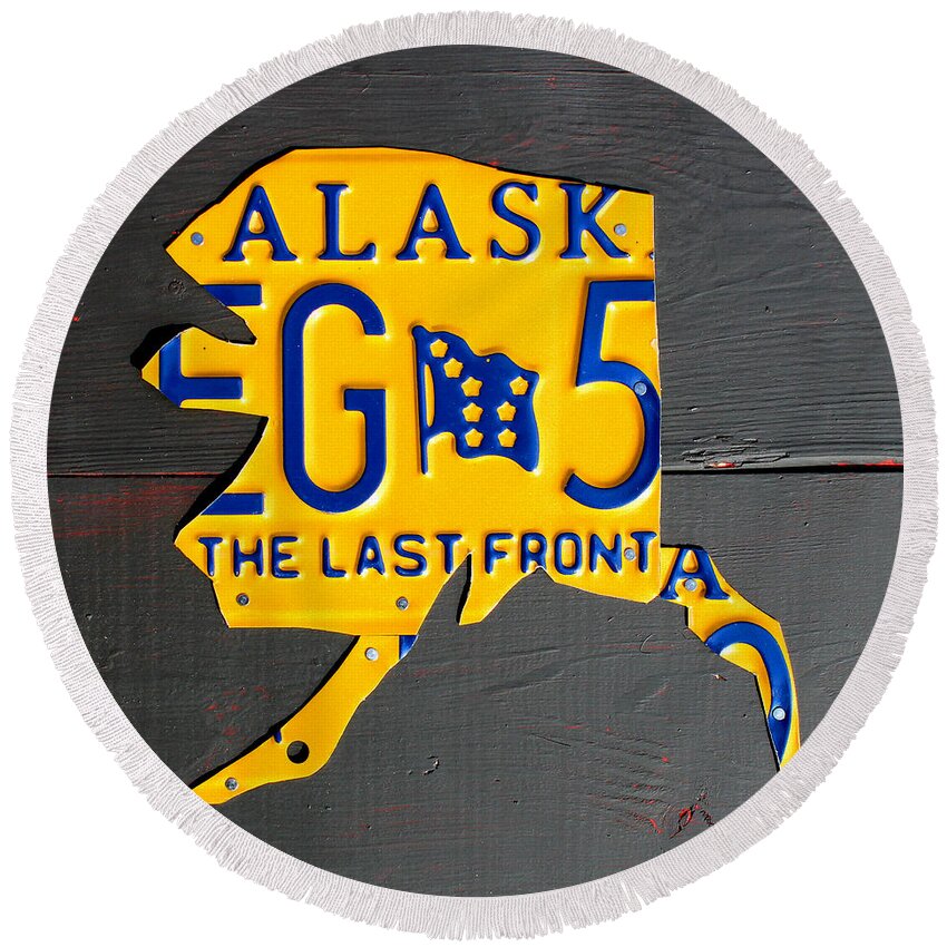 Alaska Round Beach Towel featuring the mixed media Alaska License Plate Map Artwork by Design Turnpike