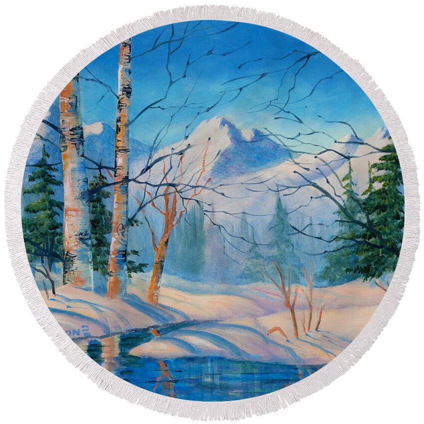 Alaska Winter Round Beach Towel featuring the painting Alaska Winter by Teresa Ascone