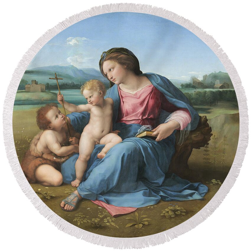 Raphael Round Beach Towel featuring the painting Alba Madonna by Raphael