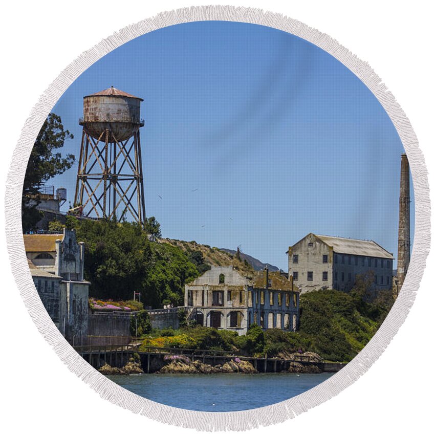 Alcatraz Round Beach Towel featuring the photograph Alcatraz Dock and Water Tower by John McGraw