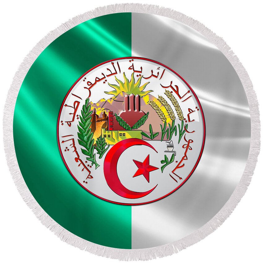 'world Heraldry' Collection By Serge Averbukh Round Beach Towel featuring the digital art Algeria - Coat of Arms over Flag by Serge Averbukh