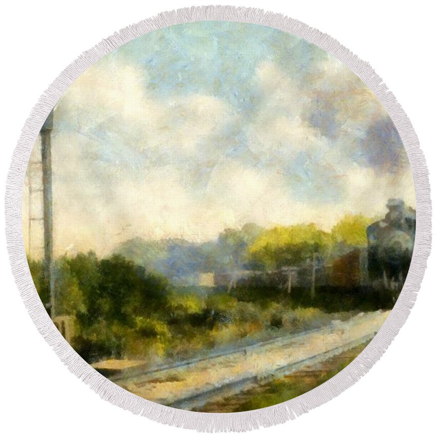 Locomotive Round Beach Towel featuring the painting All Clear on the Pere Marquette Railway by Michelle Calkins