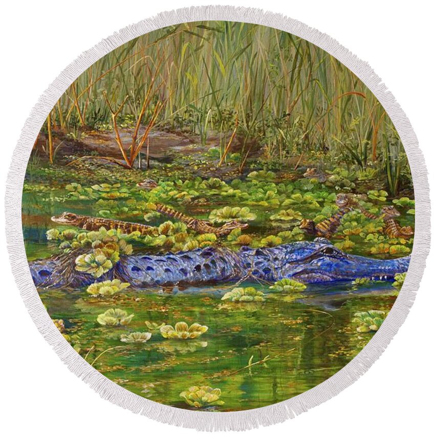 Mother Round Beach Towel featuring the painting Alligator Pod by AnnaJo Vahle