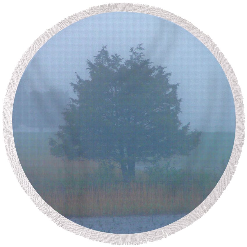 Fog Round Beach Towel featuring the photograph Alone in the fog by Nancy Landry