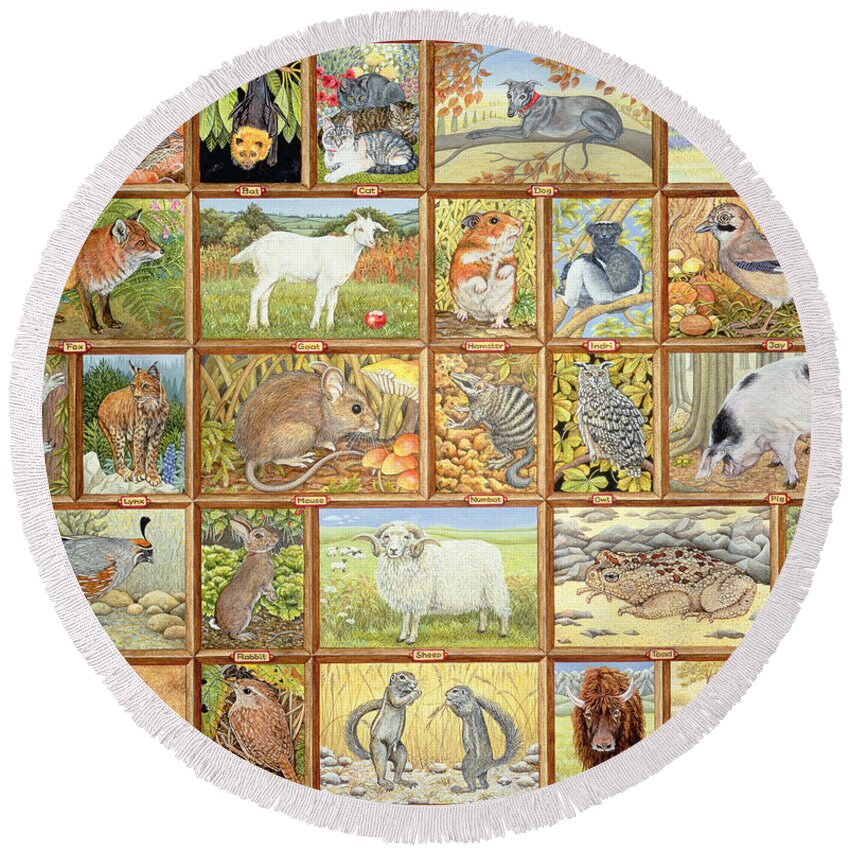 Albatross Round Beach Towel featuring the painting Alphabetical Animals by Ditz