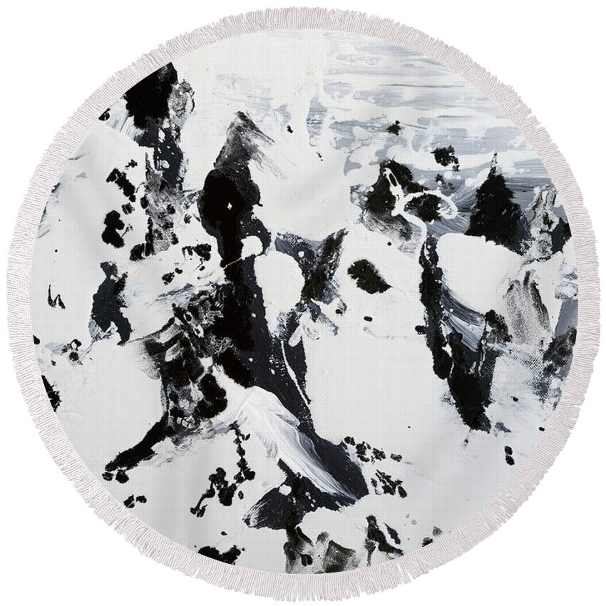 Black And White Painting Round Beach Towel featuring the painting Alps In Black And White by Lidija Ivanek - SiLa