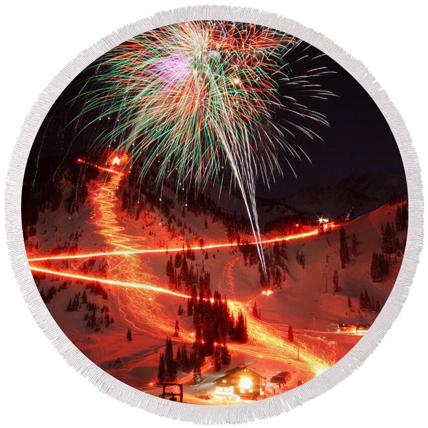 Alta Round Beach Towel featuring the photograph Alta New Year Celebration and Torchlight Parade by Brett Pelletier