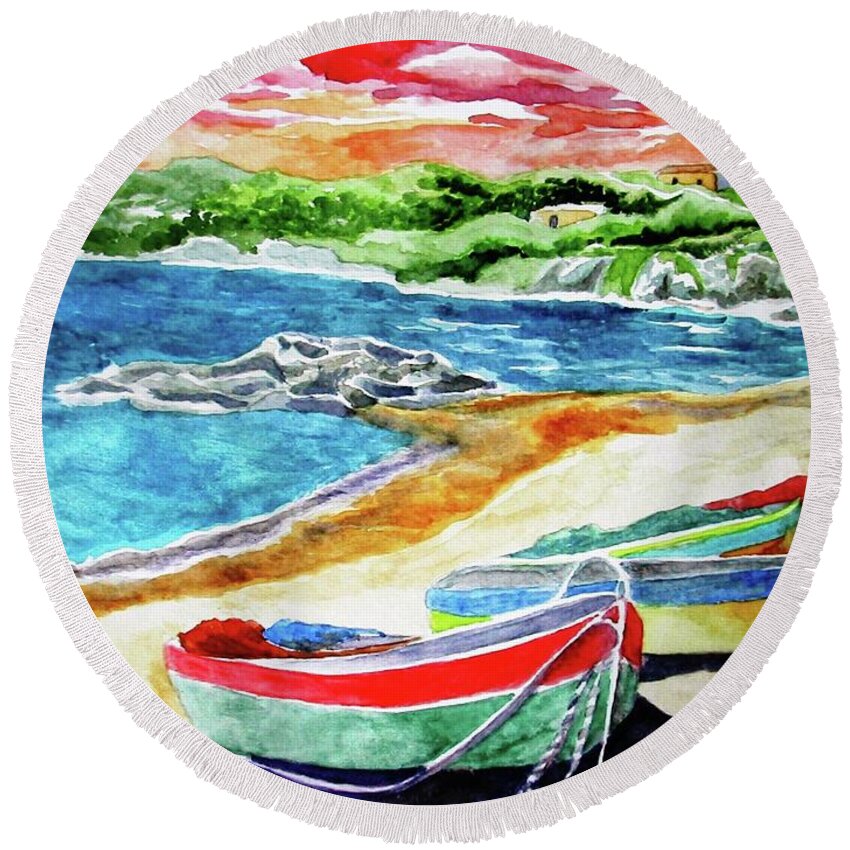 Amalfi Coast Round Beach Towel featuring the painting Amalfi by Kandy Cross