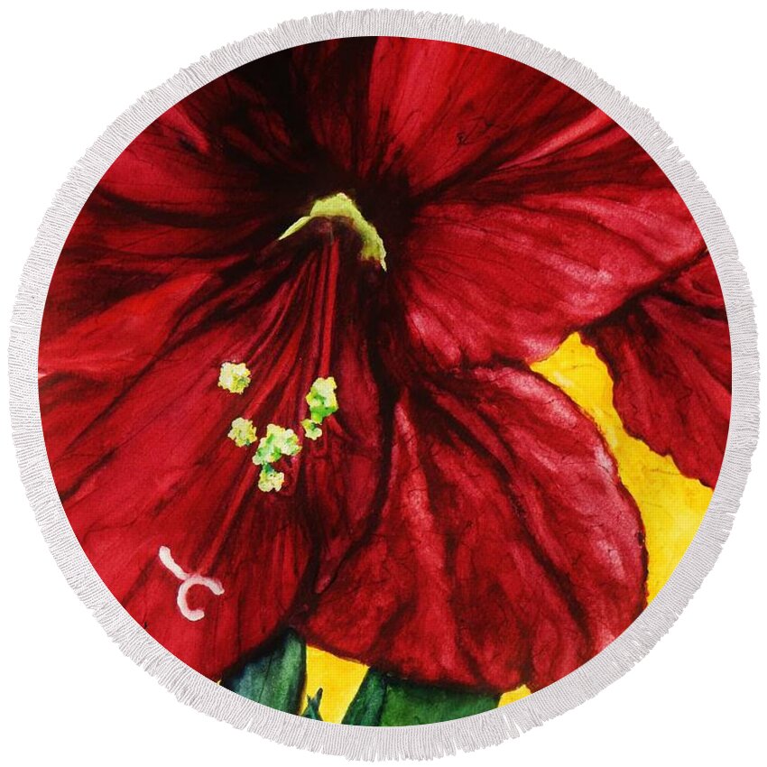 Amaryllis Round Beach Towel featuring the painting Amaryllis in Red by Lil Taylor