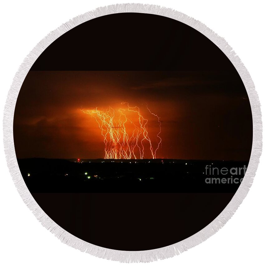 Michael Tidwell Photography Round Beach Towel featuring the photograph Amazing Lightning Cluster by Michael Tidwell