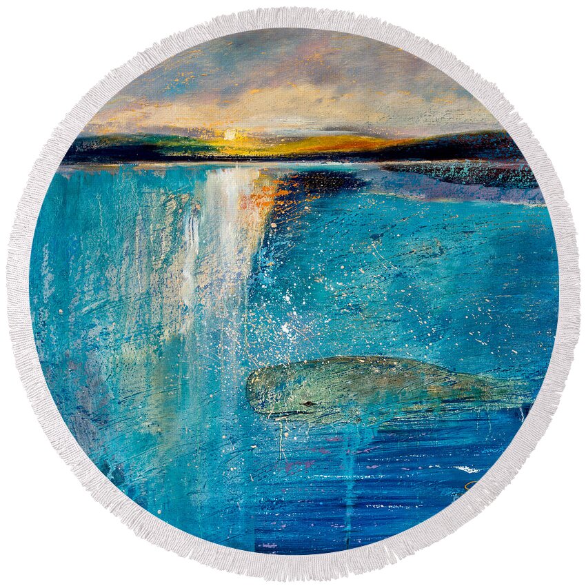 Seascape Paintings Round Beach Towel featuring the painting Amazing Ocean by Shijun Munns