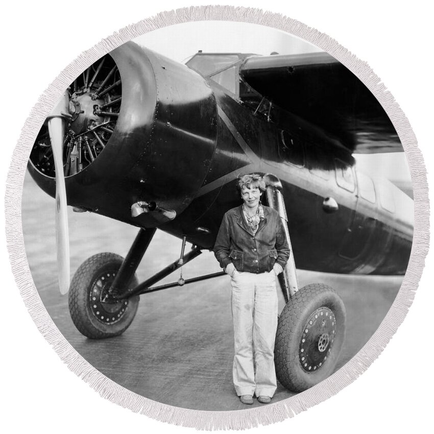 1935 Round Beach Towel featuring the photograph Amelia Earhart And Her Plane by Underwood Archives