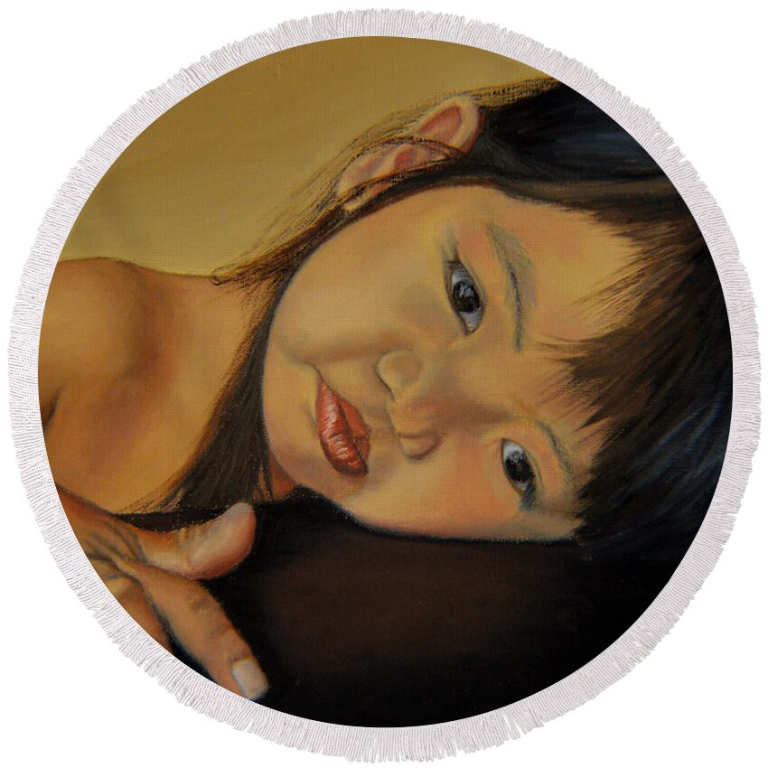 Children Painting Round Beach Towel featuring the painting Amelie-An 11 by Thu Nguyen