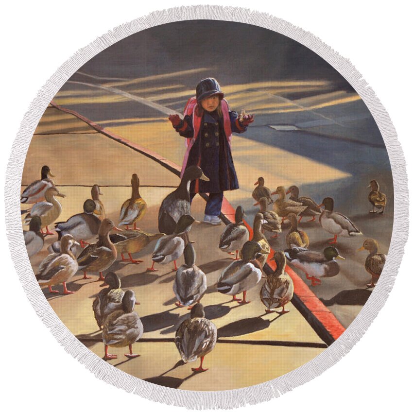 Duck Round Beach Towel featuring the painting Amelie-An and her ducks by Thu Nguyen