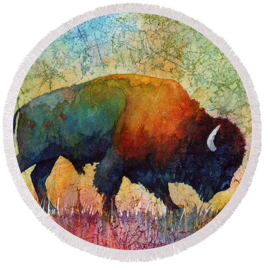 Bison Round Beach Towel featuring the painting American Buffalo 4 by Hailey E Herrera