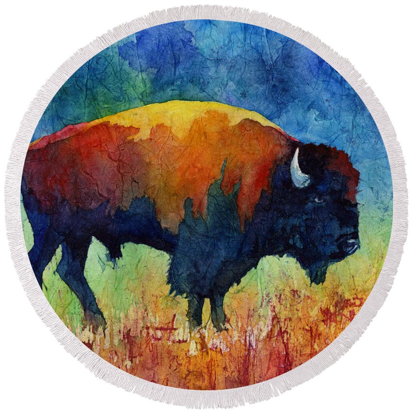 Bison Round Beach Towel featuring the painting American Buffalo II by Hailey E Herrera