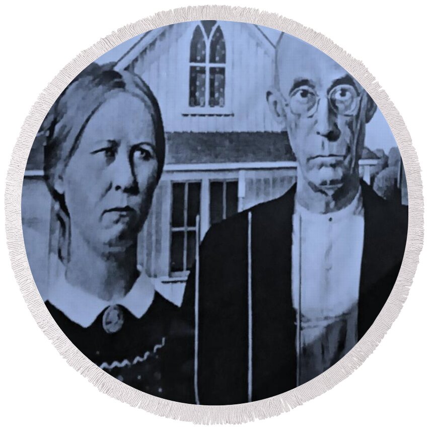 Americana Round Beach Towel featuring the photograph AMERICAN GOTHIC in CYAN by Rob Hans