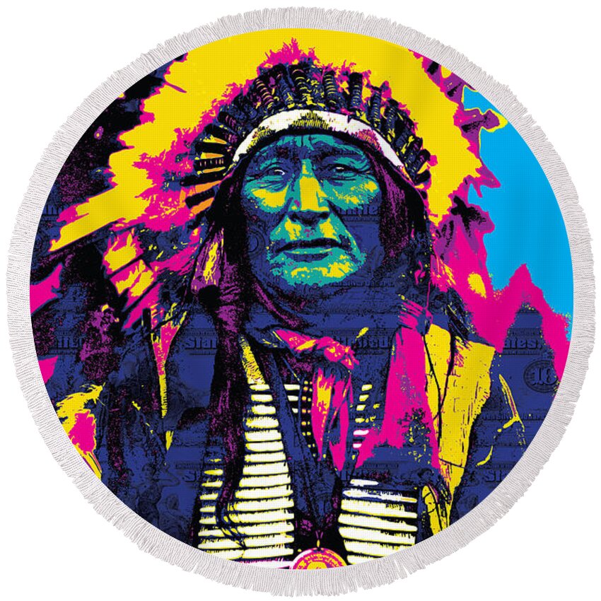 Gary Round Beach Towel featuring the digital art American Indian Chief by Gary Grayson