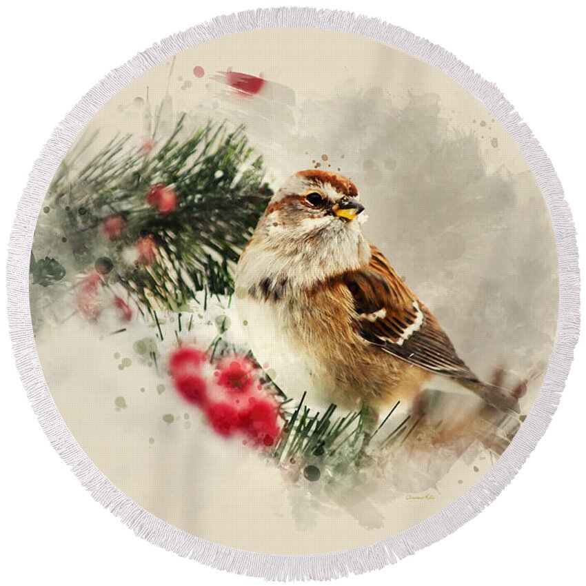 Bird Round Beach Towel featuring the mixed media American Tree Sparrow Watercolor Art by Christina Rollo