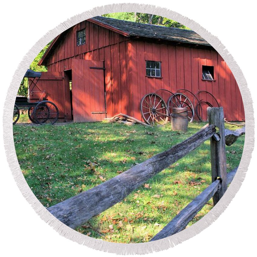 5399 Round Beach Towel featuring the photograph Amish Barn Along a Fenceline by Gordon Elwell