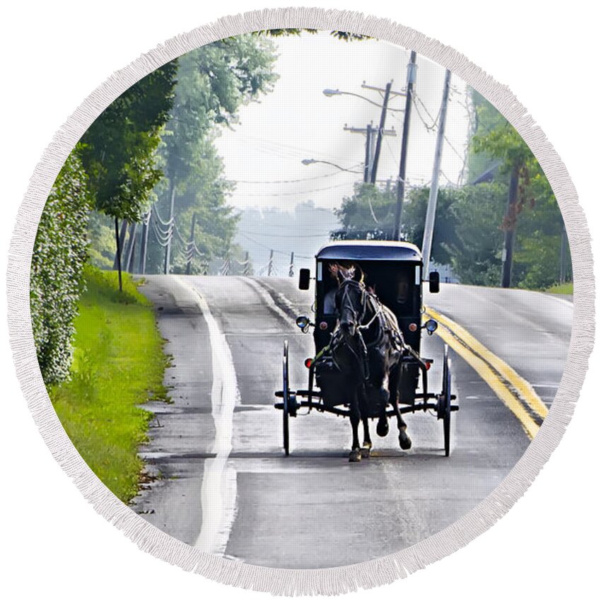 Amish Round Beach Towel featuring the photograph Amish Buggy in Lancaster County Pa. by Bill Cannon