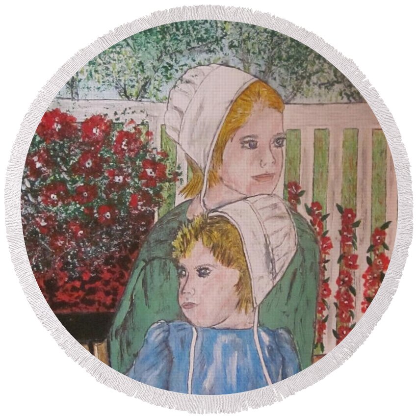 Amish Round Beach Towel featuring the painting Amish Girls by Kathy Marrs Chandler