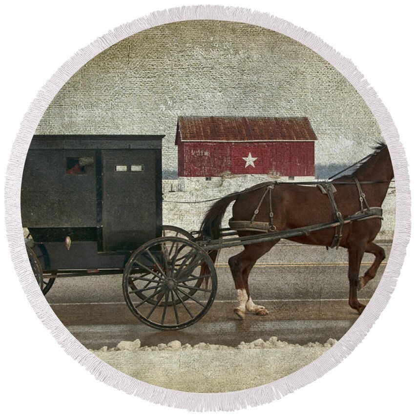 Amish Round Beach Towel featuring the photograph Amish Horse and Buggy and The Star Barn by David Arment