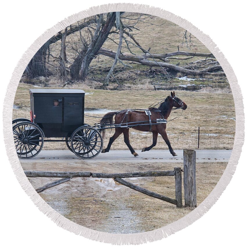 Amish Round Beach Towel featuring the photograph Amish Horse and Buggy March 2013 by David Arment